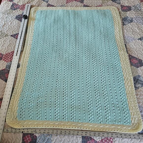 CROCHET Afghan Blanket Teal Blue Yellow Baby Small 44" x 32" Scalloped - Picture 1 of 8